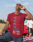 Unisex crew neck T-shirt, red with vertical Tigers graphic in white blue and dark red