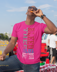 Jackson State Tigers graphic crew-neck T-shirt, hot pink with red blue and gray print