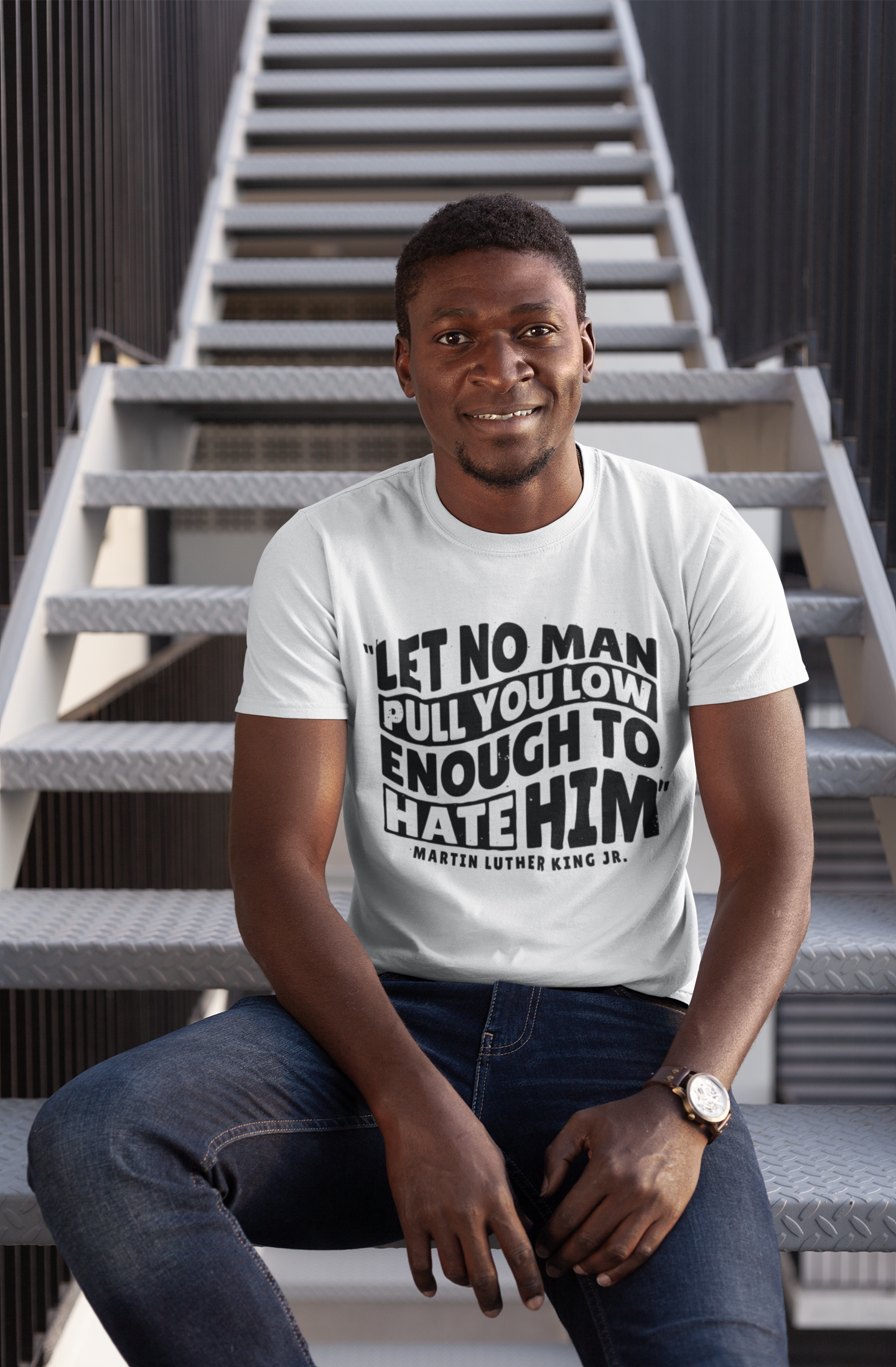 White crewneck graphic T-shirt with bold quote front print