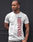 White crew-neck T-shirt with vertical red 'MOTIVATED' text and 'I WAKE UP'