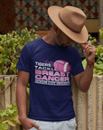 Navy crew-neck T-shirt with “Tigers Tackle Breast Cancer” football graphic on wearer