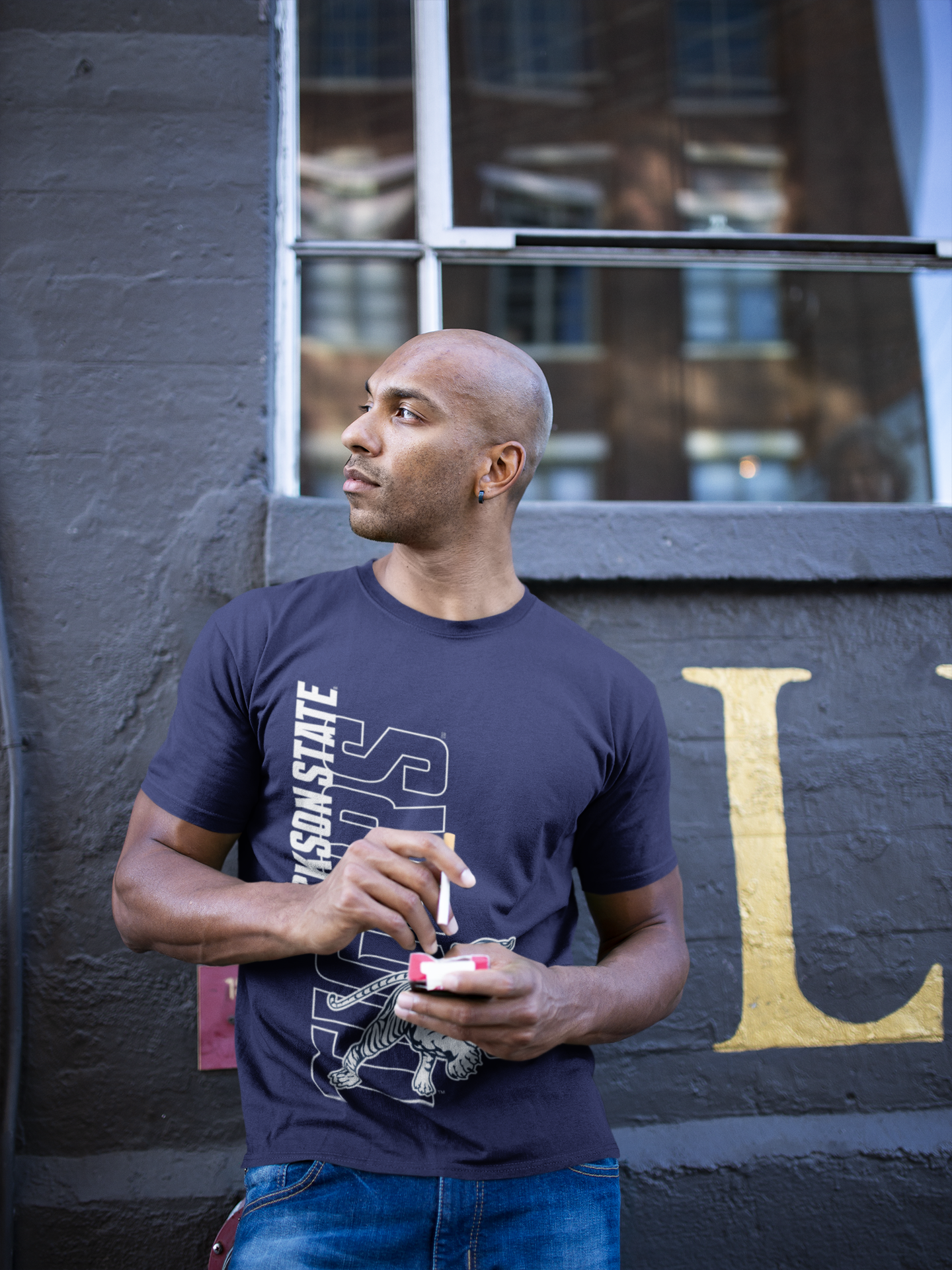 Unisex crewneck navy T-shirt with Jackson State tiger logo graphic