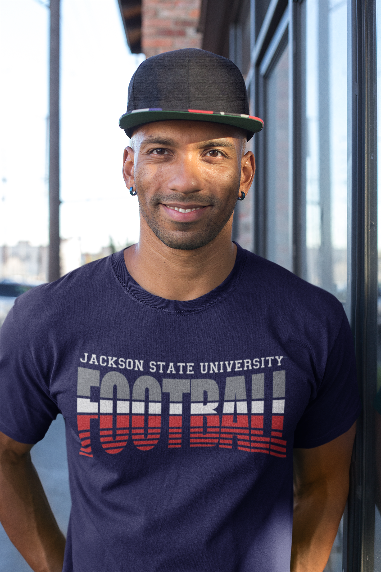 Navy crew-neck T-shirt with Tigers Football logo graphic in red and white