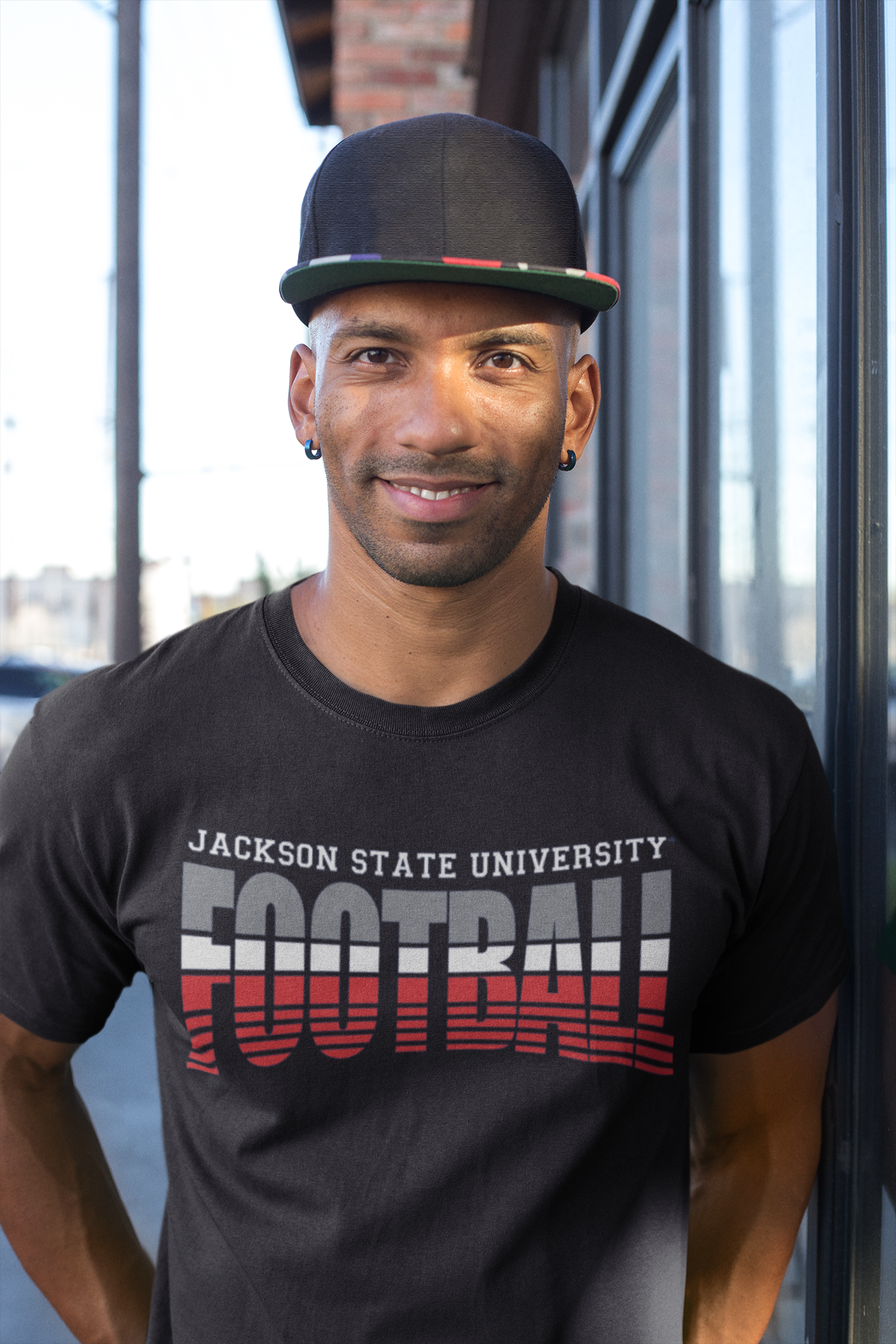 Black crew-neck T-shirt with Tigers Football logo graphic in red and white
