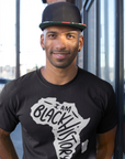 Black short-sleeve T-shirt with white 'I Am Black History' map graphic, model wearing
