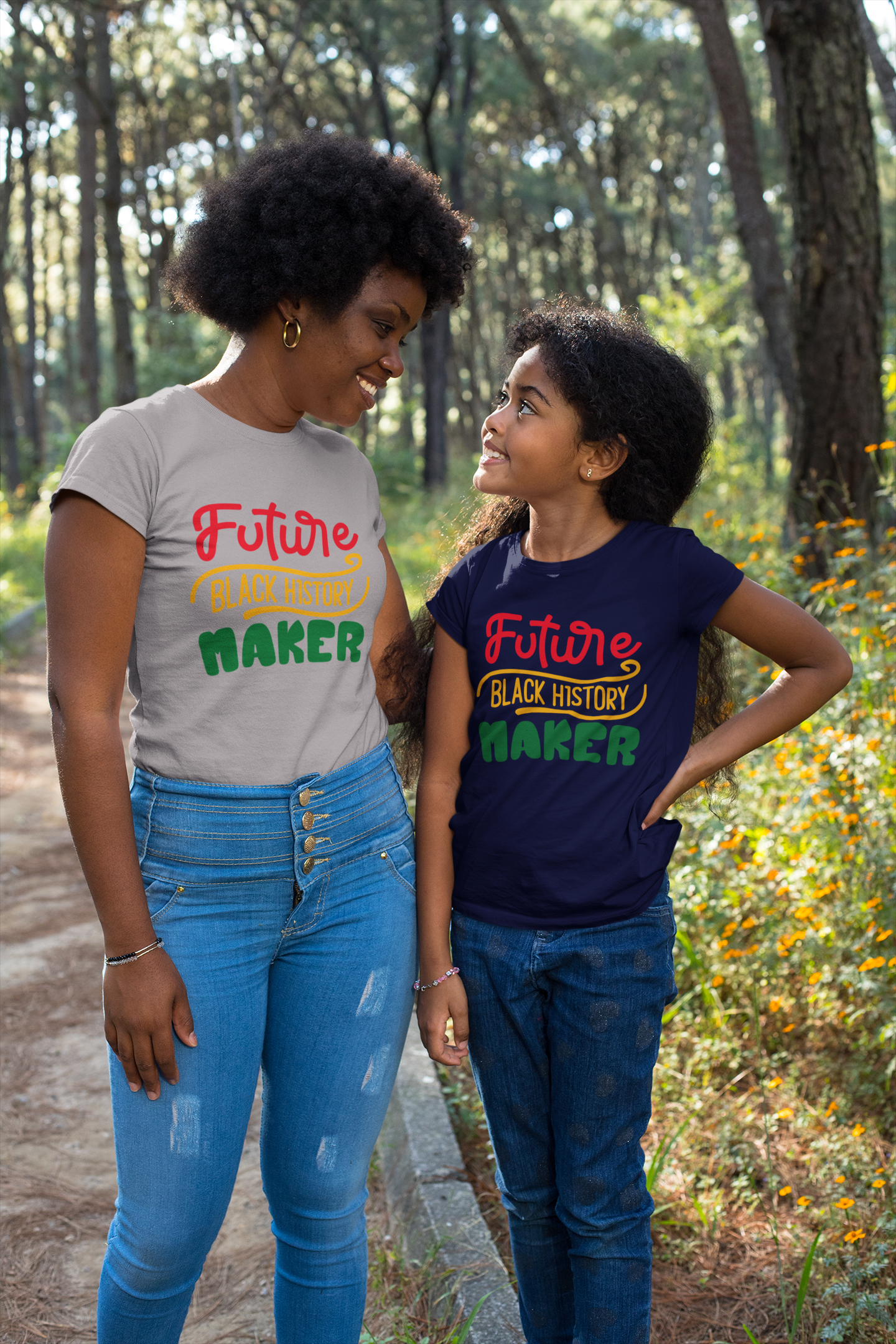 Pair of short sleeve T-shirts: light and navy with 'Future Black History Maker' graphic