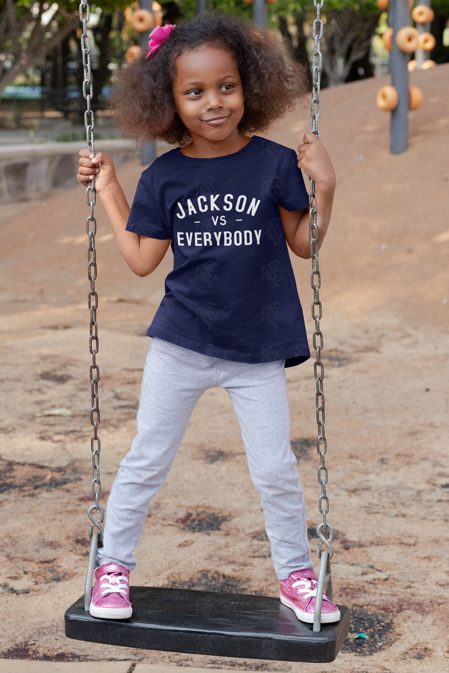 Youth crewneck T-shirt, navy blue with “Jackson vs Everybody” lettering in white