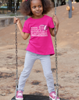 Toddler pink T-shirt with football 'Tigers Tackle Breast Cancer' logo, front view