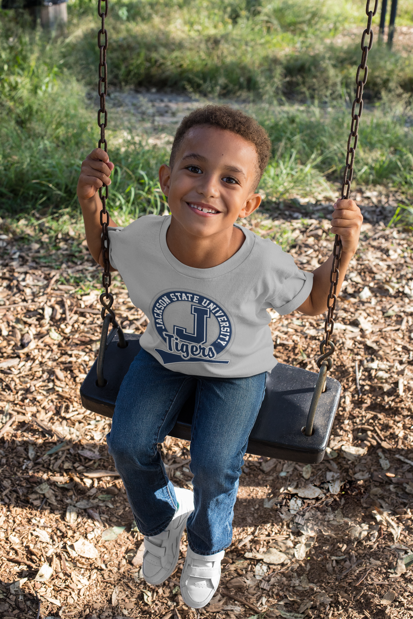 Heather grey youth crew-neck short-sleeve T-shirt with Tigers logo on chest