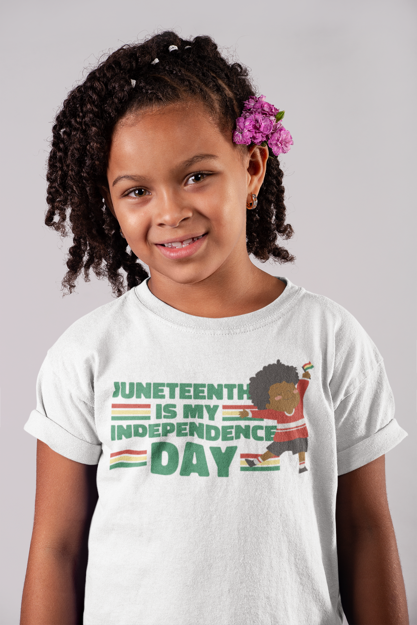 Kids' Juneteenth T-shirt in white with colorful Independence Day graphic