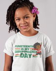 Kids' Juneteenth T-shirt in white with colorful Independence Day graphic