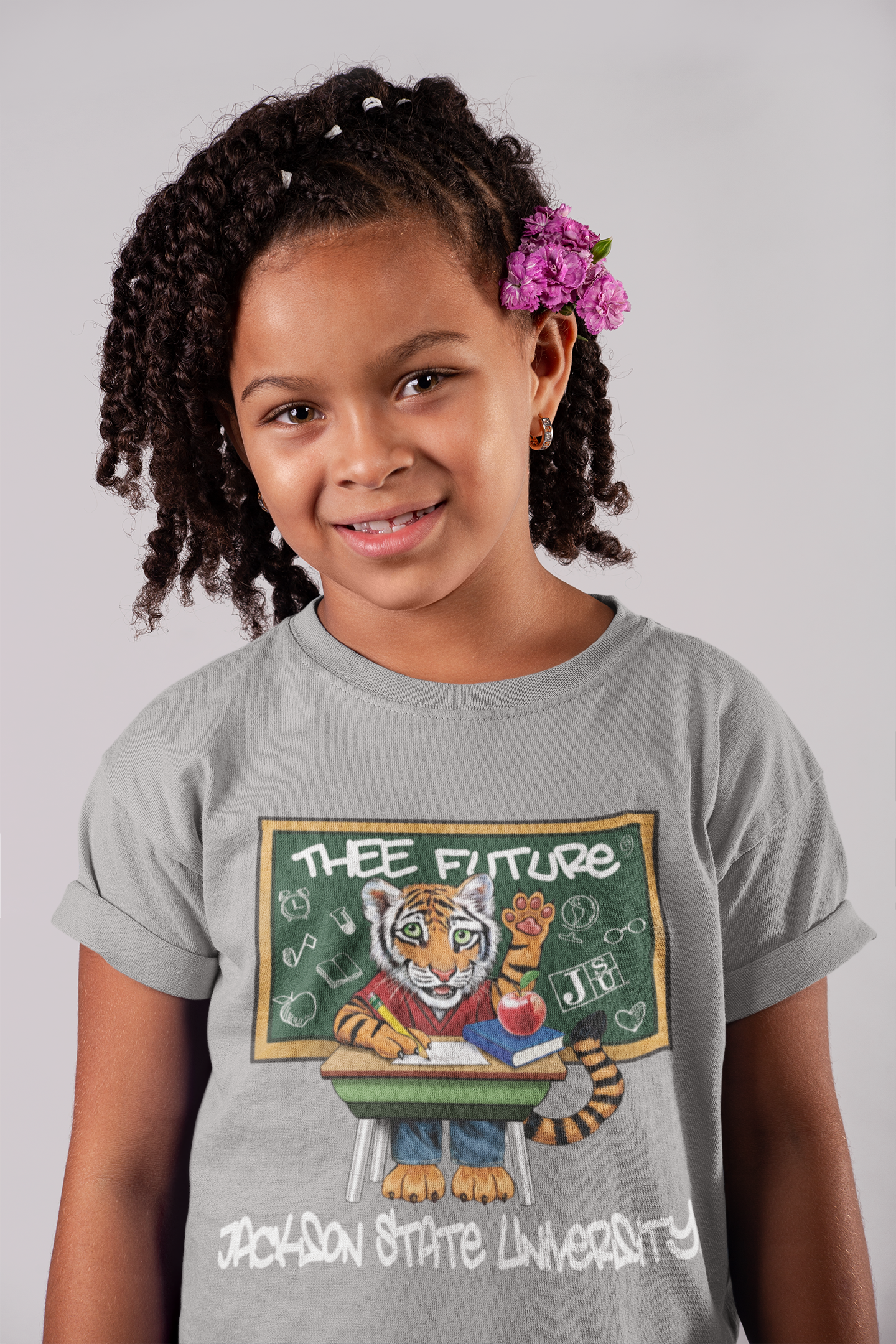 Athletic heather grey youth crewneck T-shirt with front 'Thee Future' illustration
