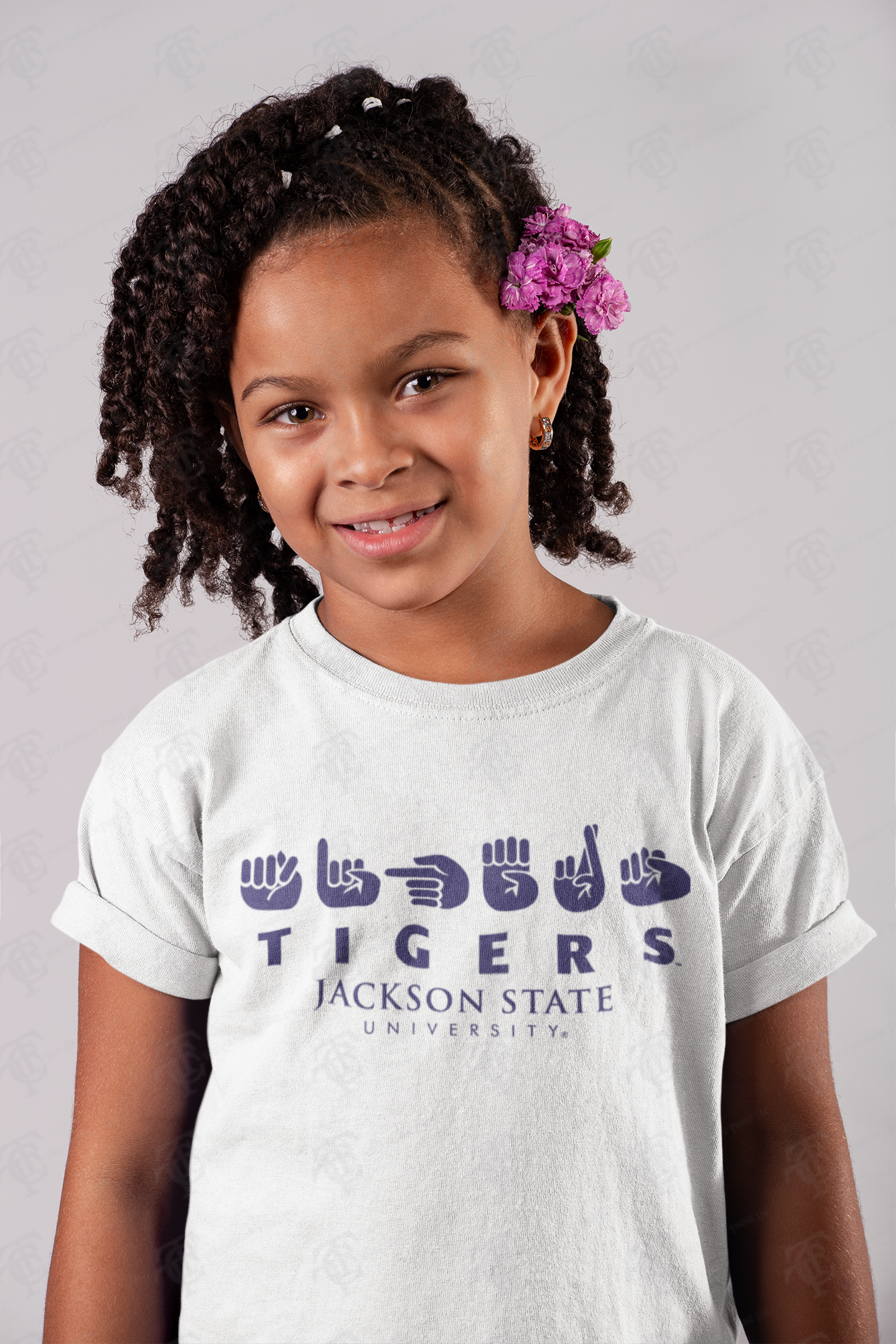 Youth crew-neck T-shirt on child, white with Tigers university chest logo