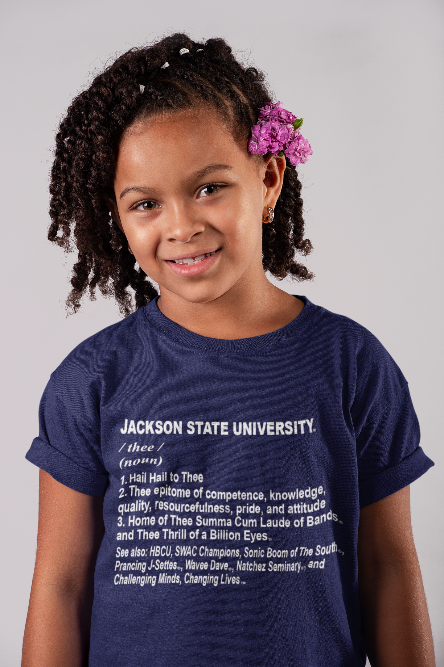 Navy youth crew-neck T-shirt on child with white Jackson State University text graphic