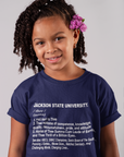 Navy youth crew-neck T-shirt on child with white Jackson State University text graphic