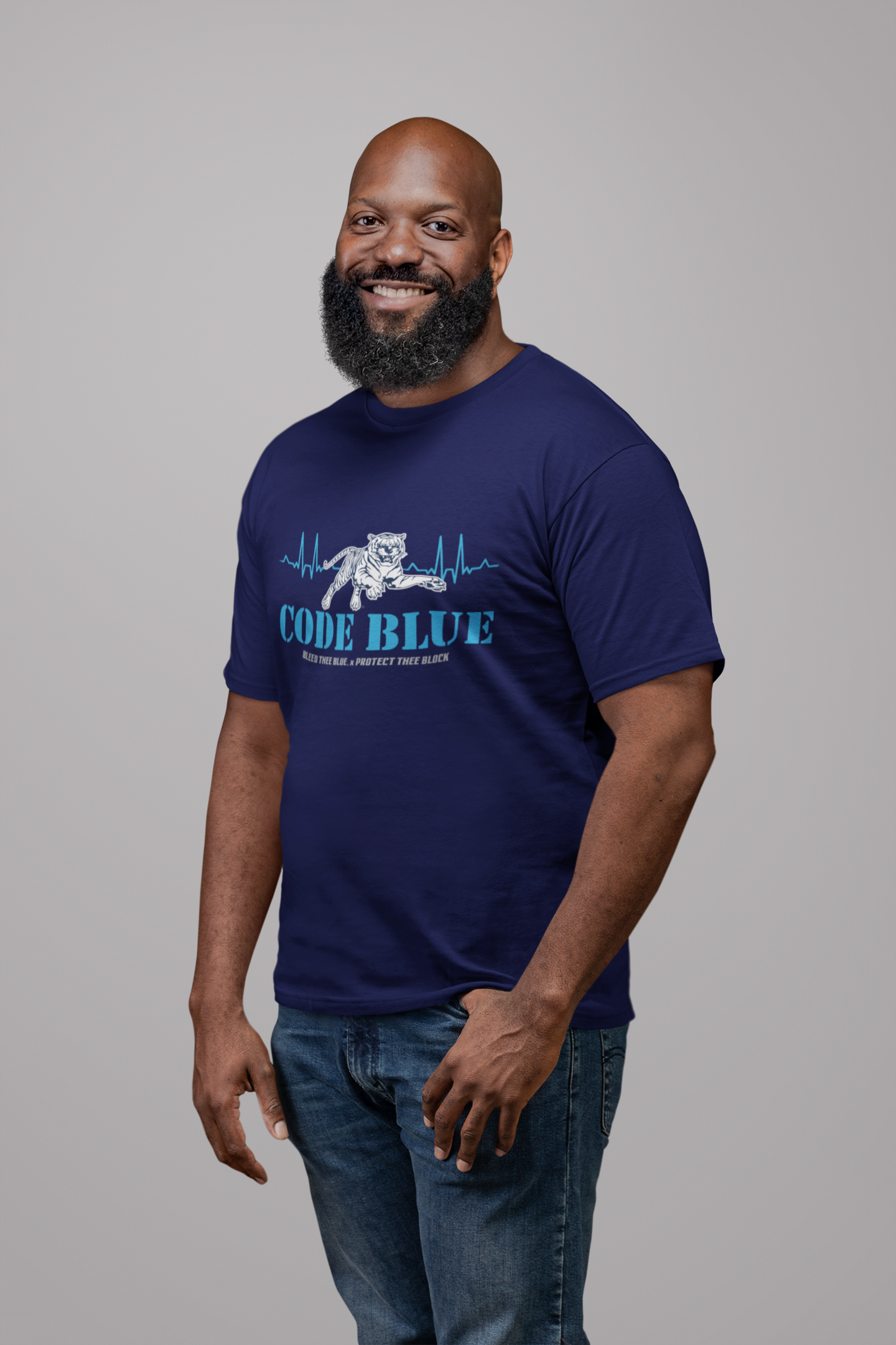 Navy blue unisex crewneck T-shirt with Code Blue tiger graphic and short-sleeve fit