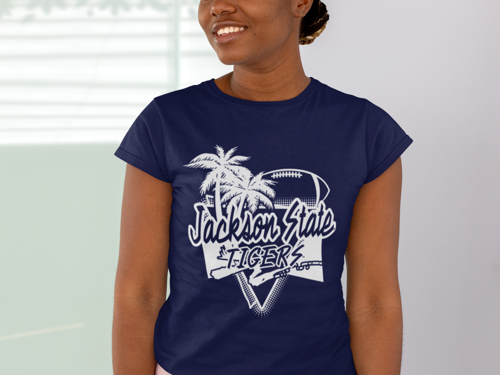 Navy blue youth crewneck T-shirt with chest Tigers logo graphic