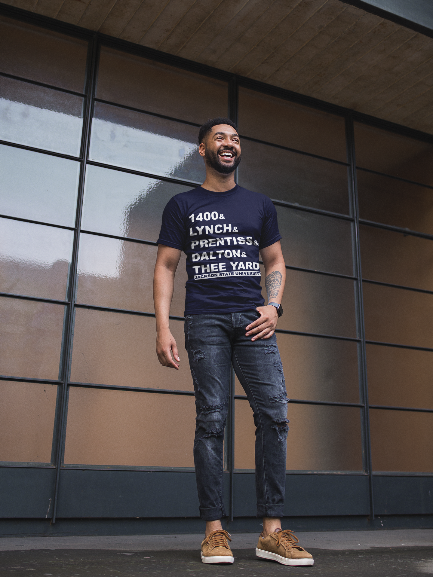 Navy crewneck T-shirt with large white graphic text