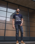 Navy crewneck T-shirt with large white graphic text