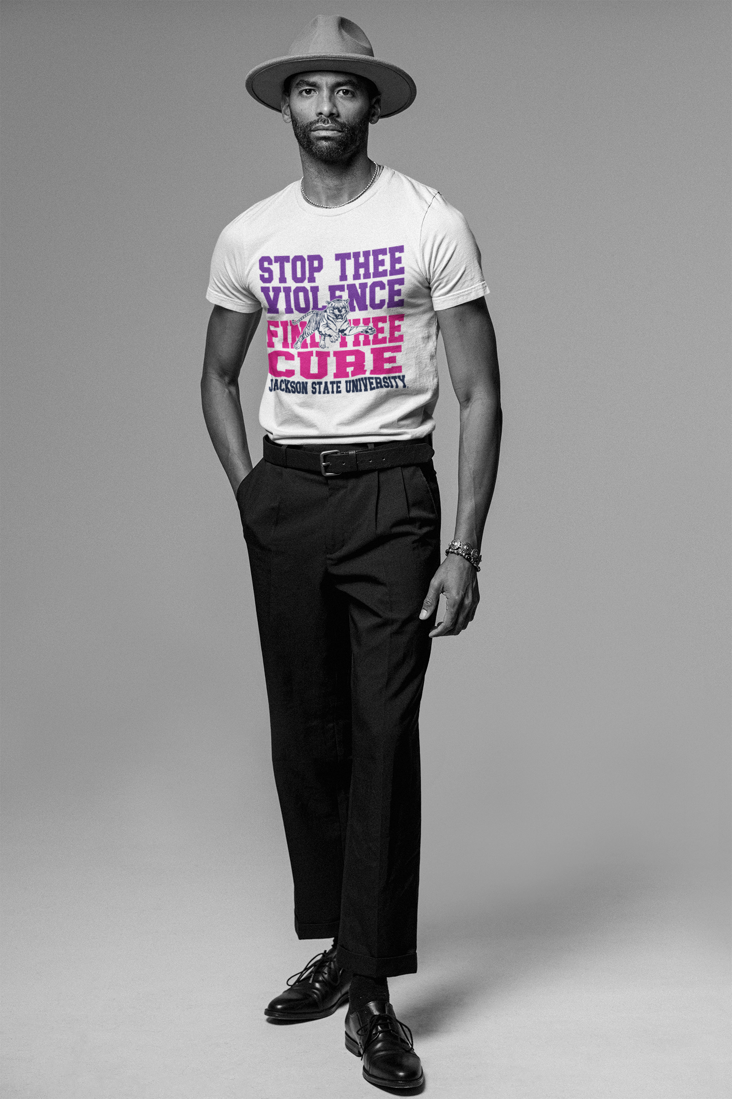 White unisex crew neck T-shirt with "Stop Thee Violence" and "Cure" text and tiger graphic