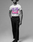White unisex crew neck T-shirt with "Stop Thee Violence" and "Cure" text and tiger graphic