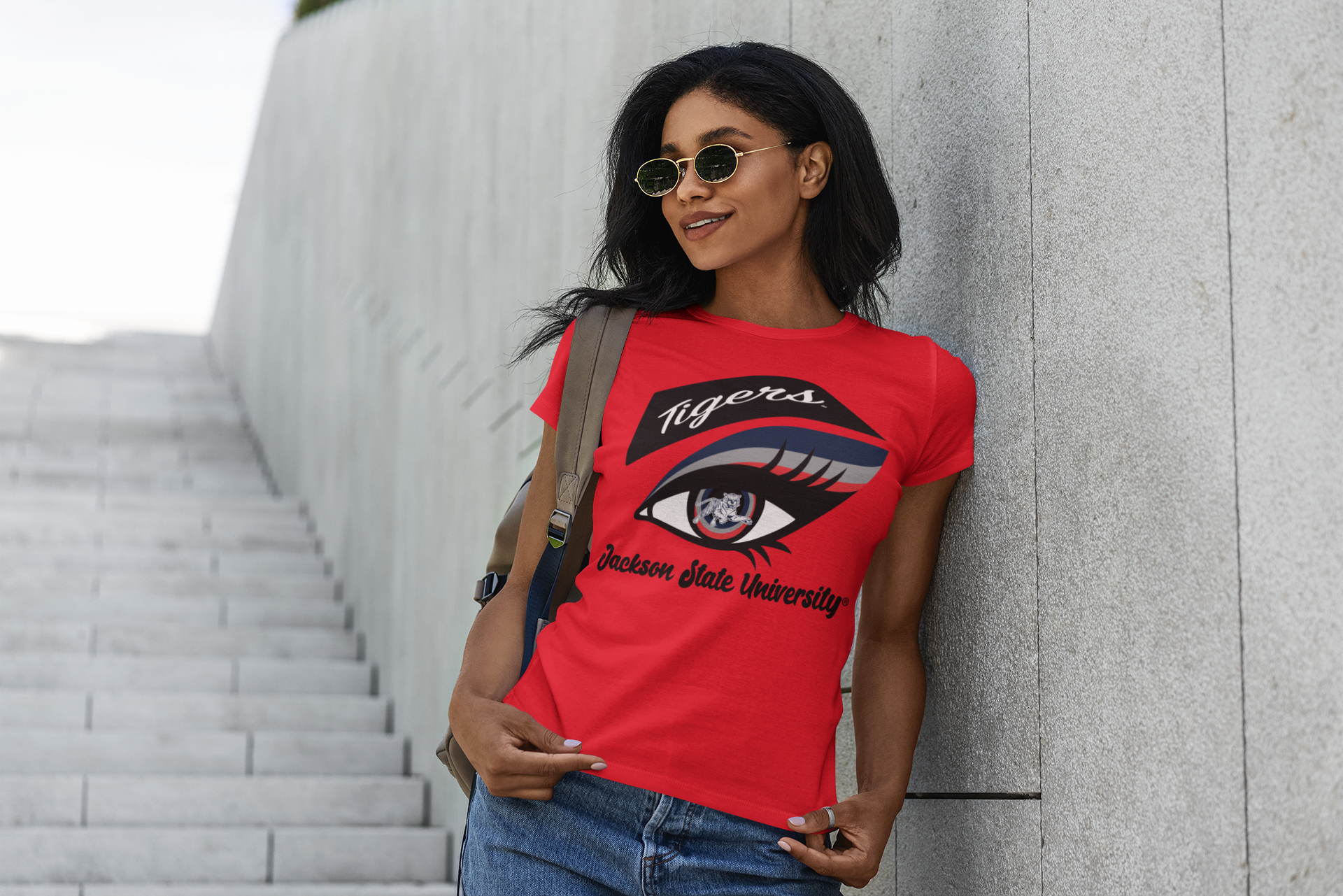 Red short-sleeve T-shirt with Tigers eye logo graphic on the front