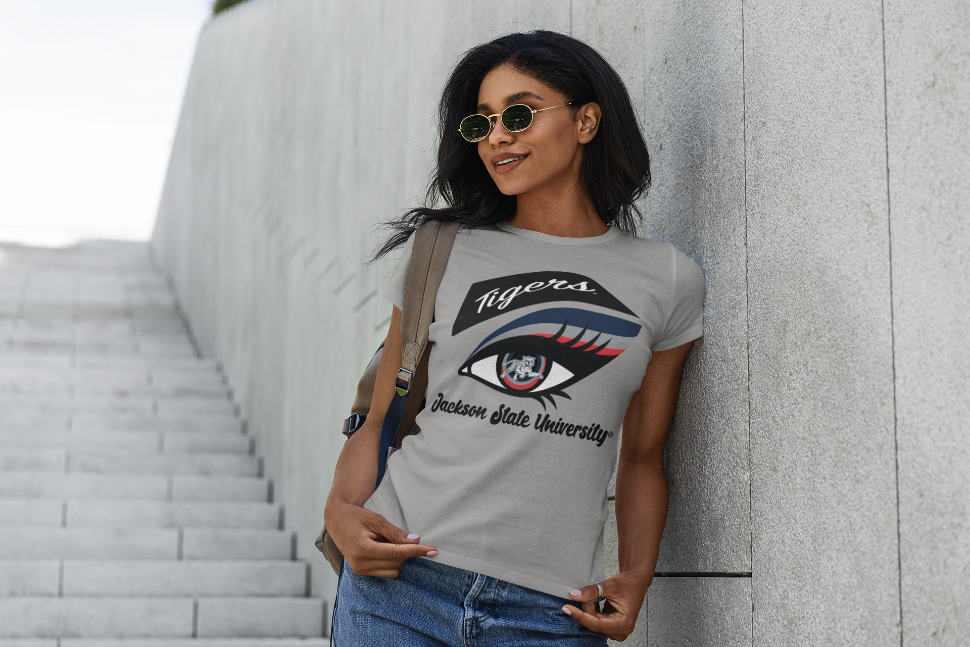Gray short-sleeve T-shirt with Tigers eye logo graphic on the front