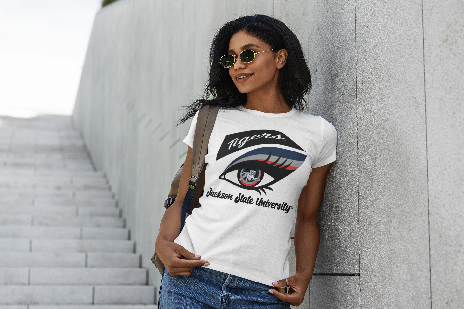 White short-sleeve T-shirt with Tigers eye logo graphic on the front