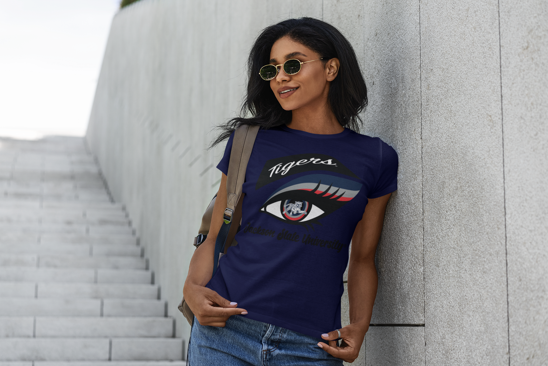 Navy short-sleeve T-shirt with Tigers eye logo graphic on the front