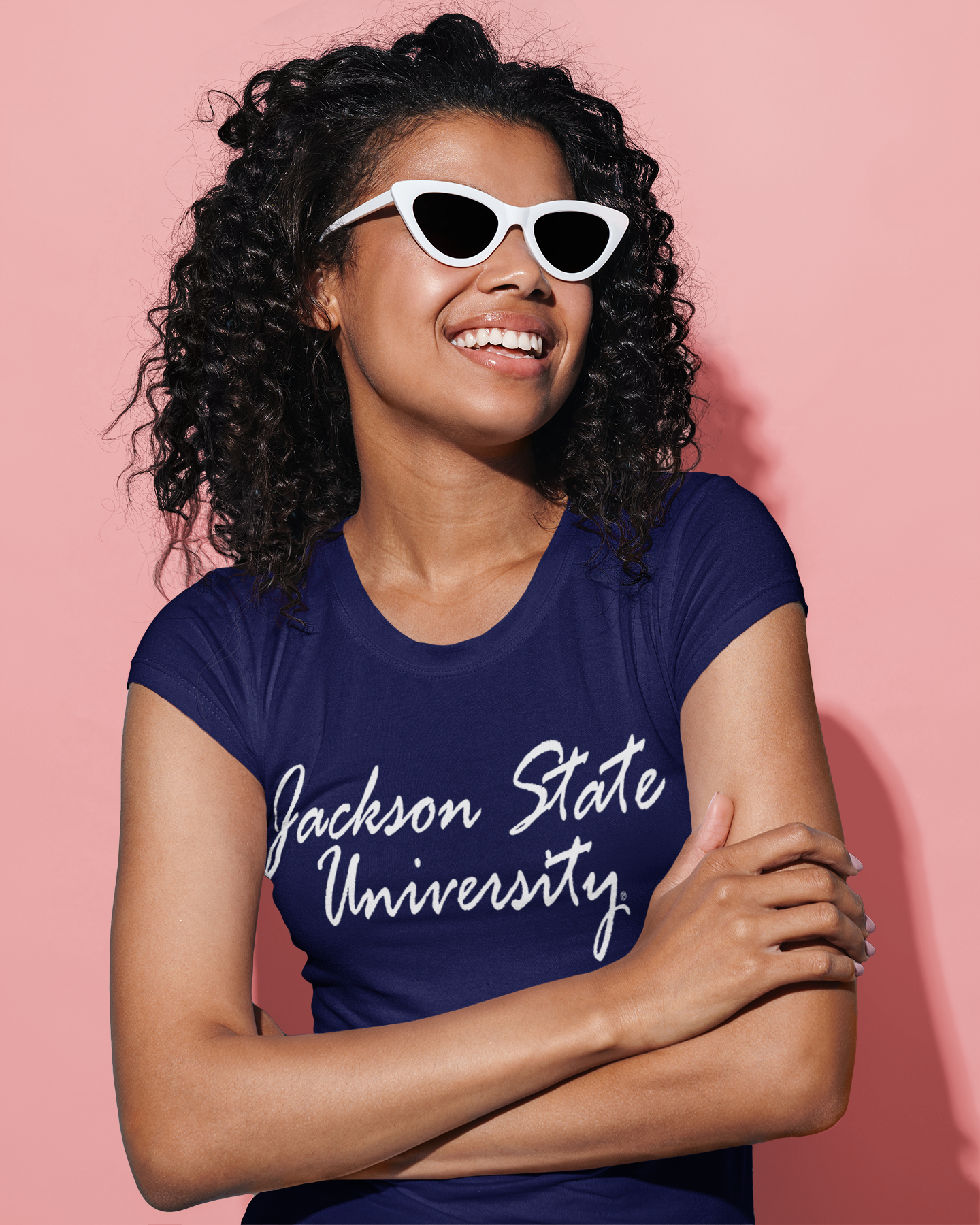 Blue crew-neck short-sleeve T-shirt with white script Jackson State University print