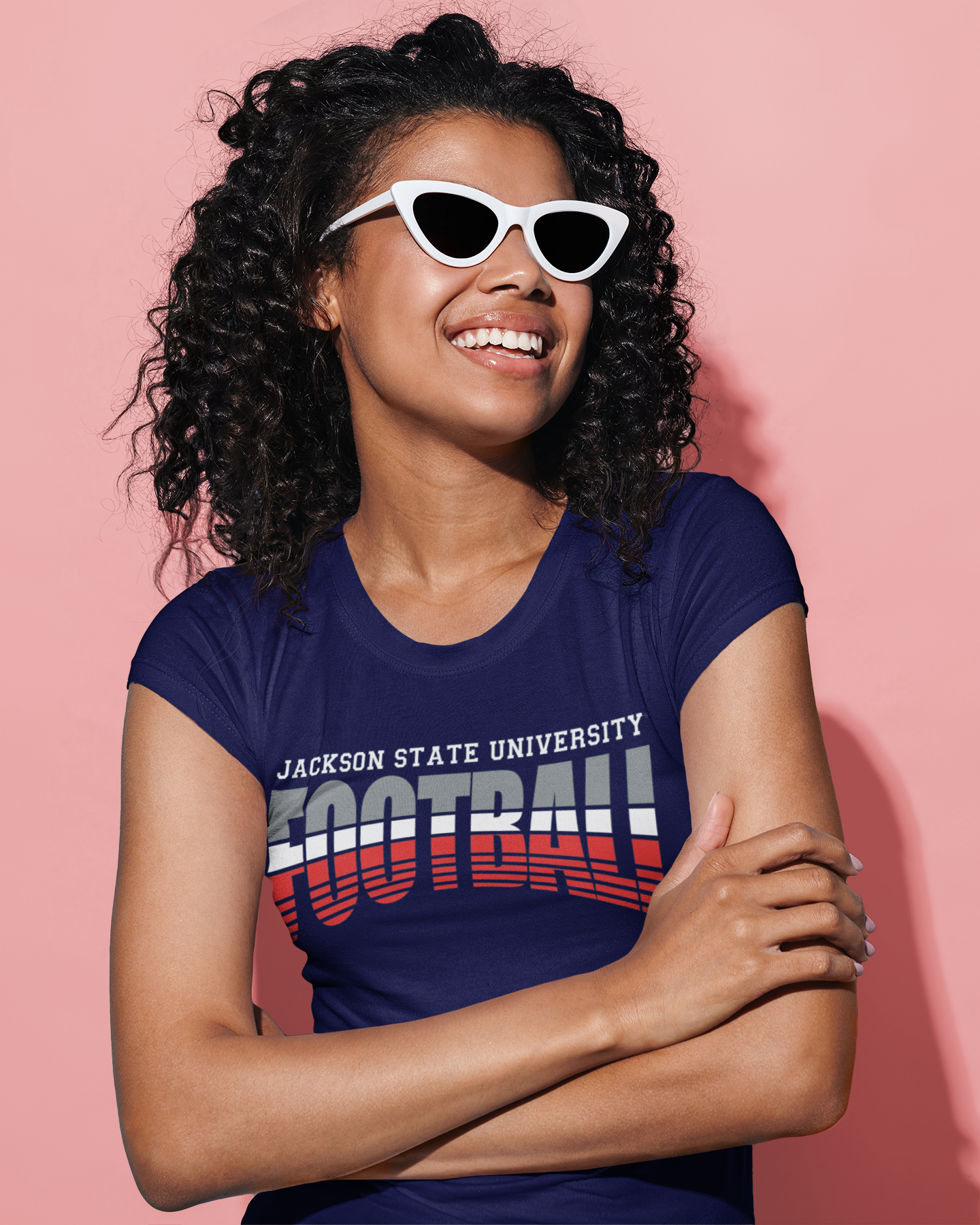 Navy crew-neck T-shirt with red and white Football graphic, short sleeves