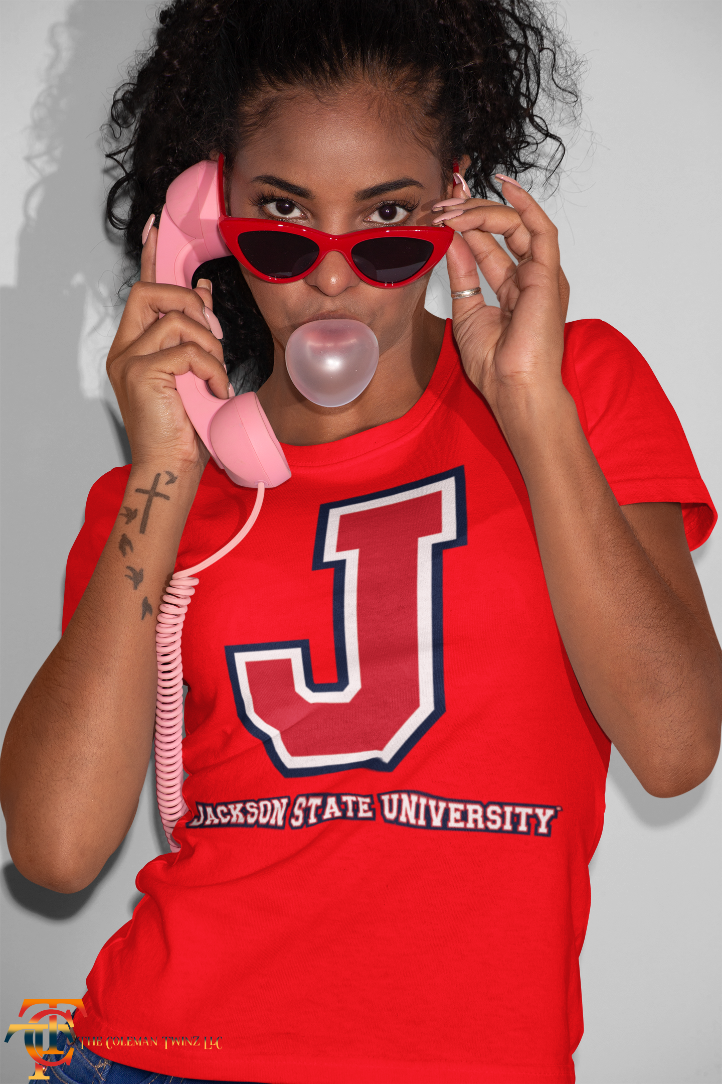 Red crew-neck T-shirt with large J logo and tricolor outline front graphic