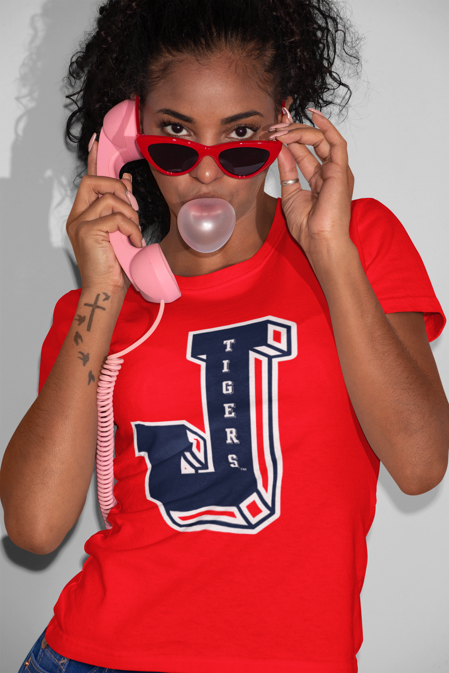 Unisex crewneck T-shirt in red with large front J Tigers graphic
