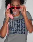 Gray crew neck t-shirt with stacked alumni logo print on front, worn by model