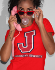 Red crew-neck T-shirt with large J logo and tricolor outline front graphic