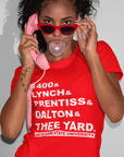 Red crewneck T-shirt with large white graphic text