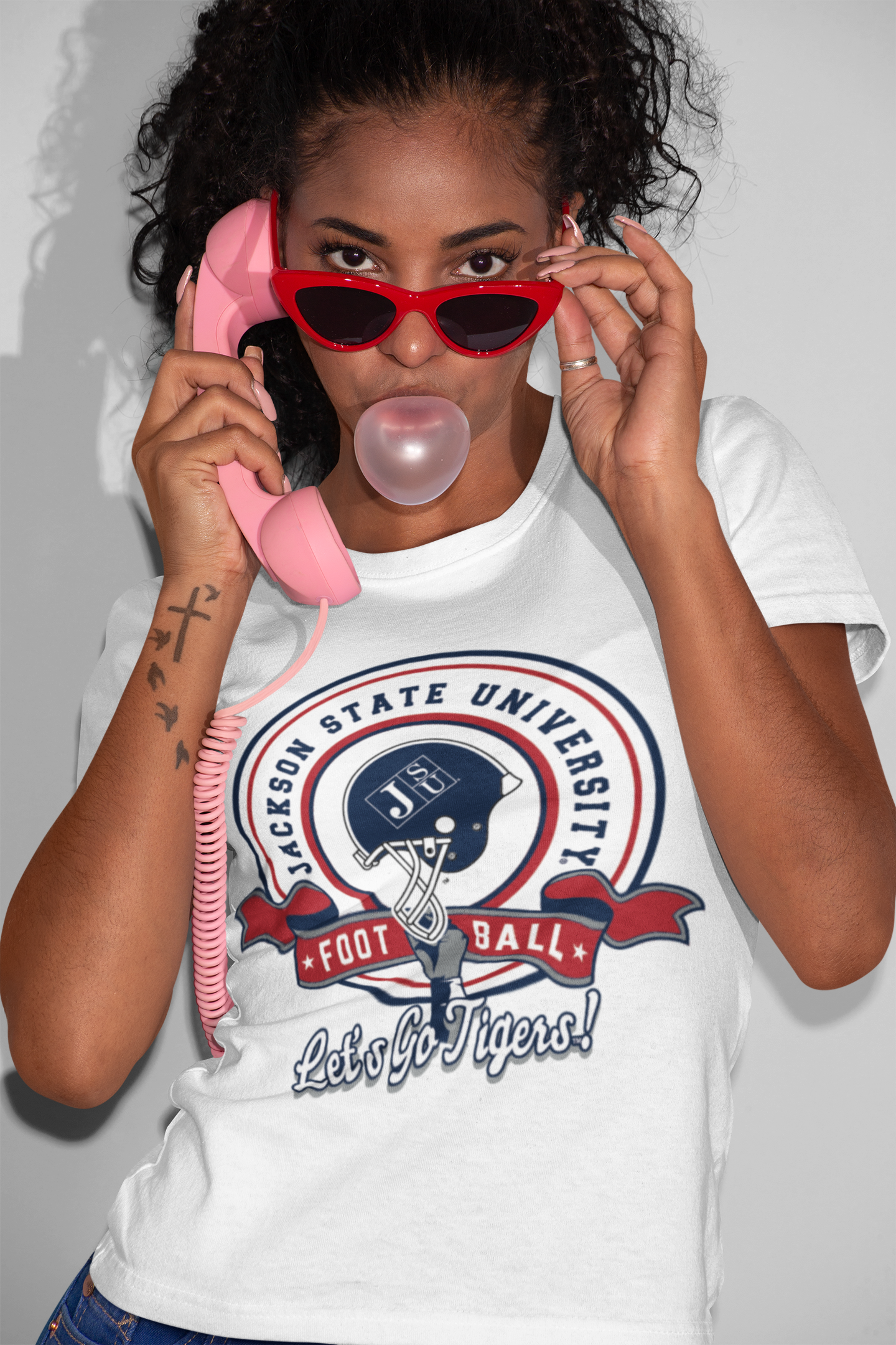 White unisex crewneck T-shirt with JSU football emblem and “Let’s Go Tigers!”