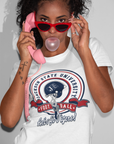 White unisex crewneck T-shirt with JSU football emblem and “Let’s Go Tigers!”