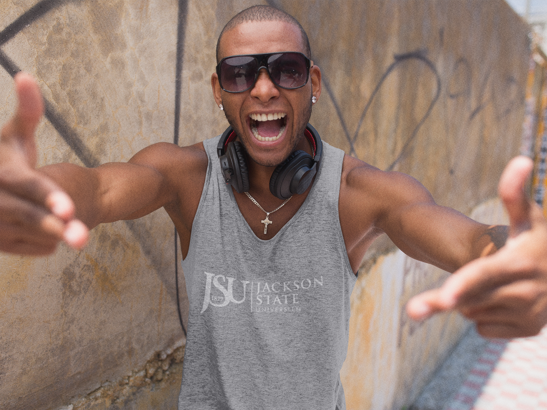 Heather gray unisex tank top with white JSU 1877 University logo front