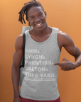 Heather gray unisex tank top with large front lettering and Jackson State University logo.