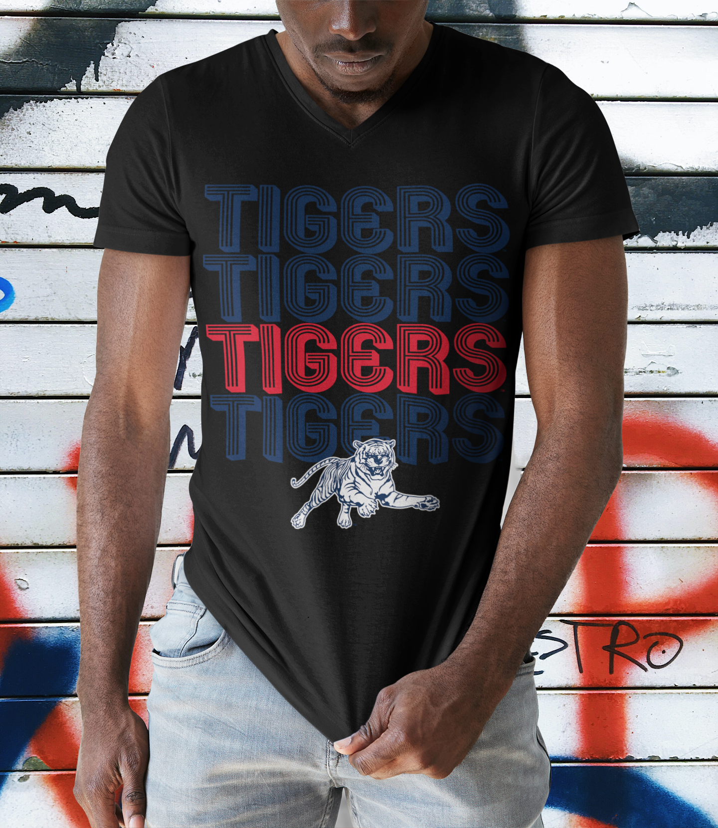 Black v-neck tee with stacked Tigers lettering and tiger illustration, short sleeve