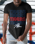 Black v-neck tee with stacked Tigers lettering and tiger illustration, short sleeve