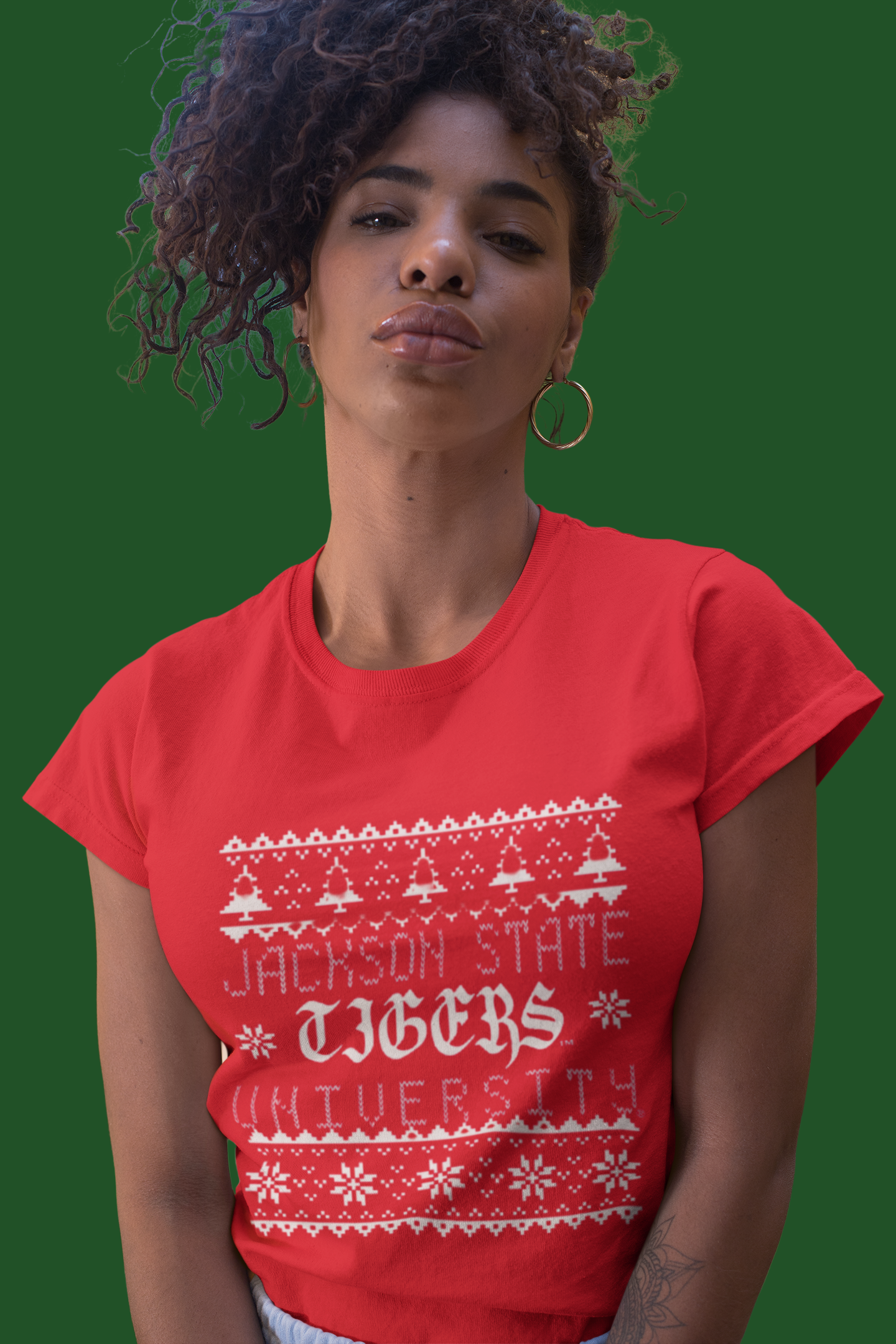 Red short-sleeve T-shirt with white winter knit pattern and university logo graphic