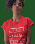 Red short-sleeve T-shirt with white winter knit pattern and university logo graphic