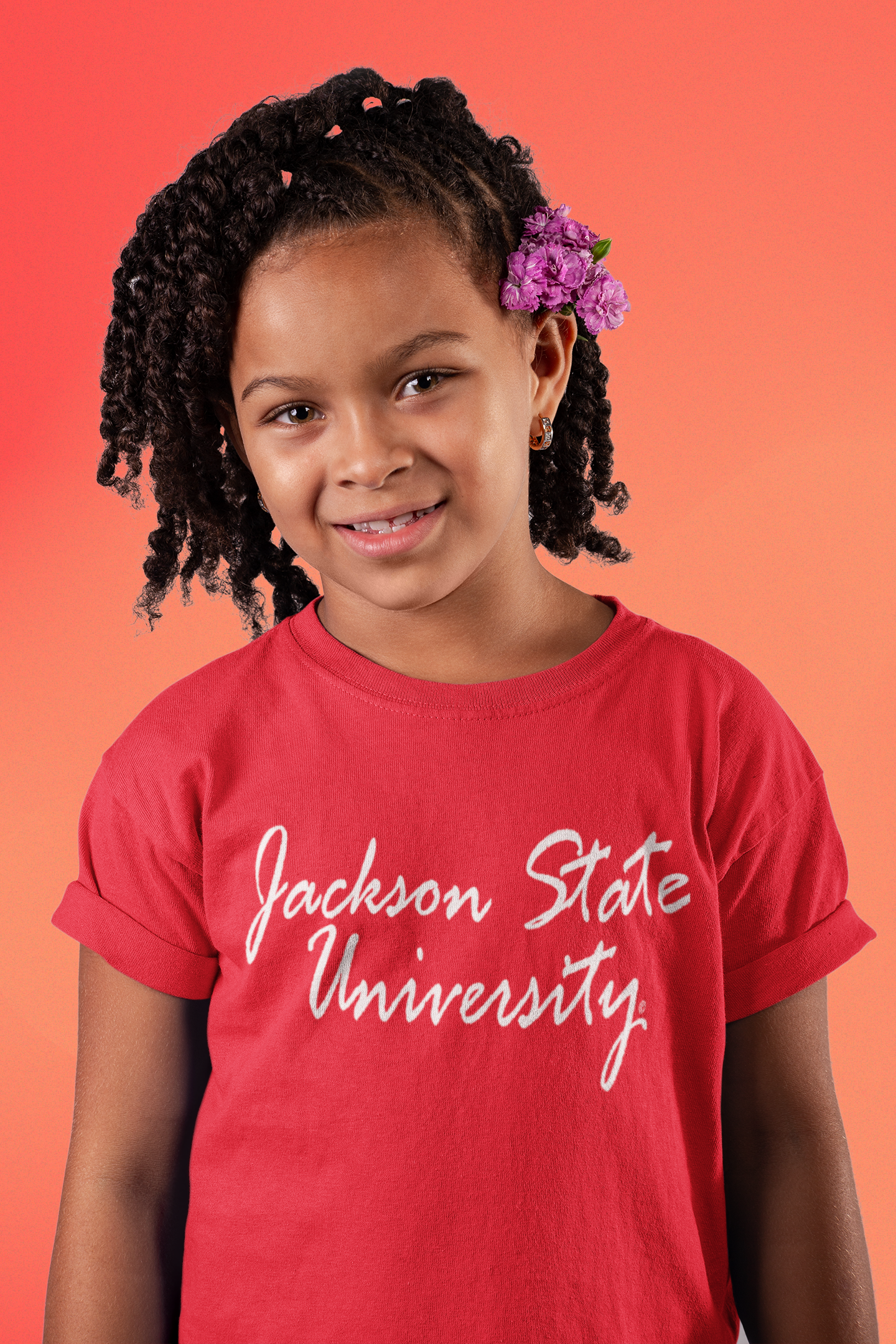 Red toddler short-sleeve T-shirt with white script university logo, close-up