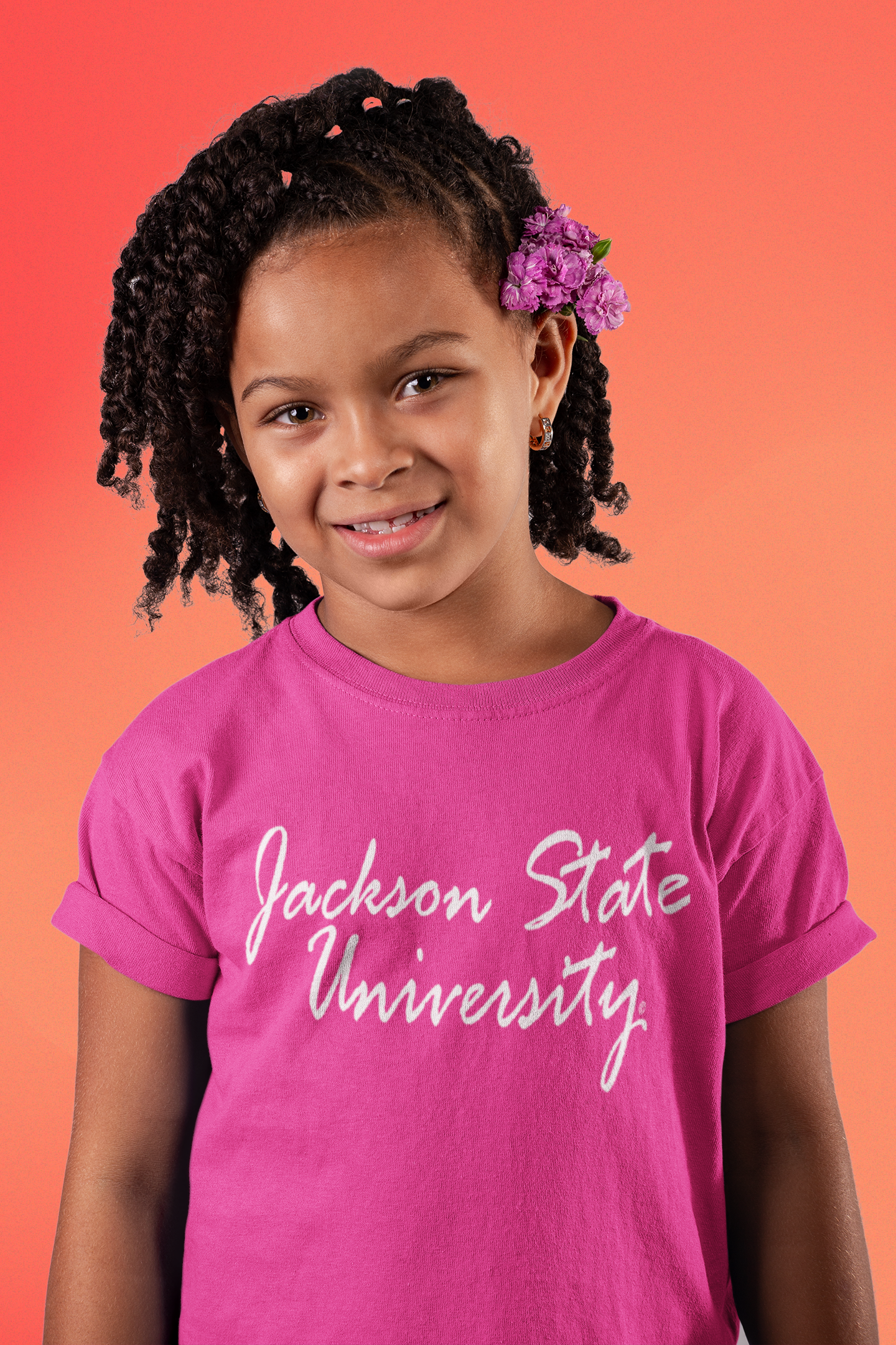 Magenta/pink toddler short-sleeve T-shirt with white script university logo, close-up