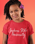 Red toddler short-sleeve T-shirt with white script university logo, close-up