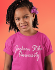 Magenta/pink toddler short-sleeve T-shirt with white script university logo, close-up