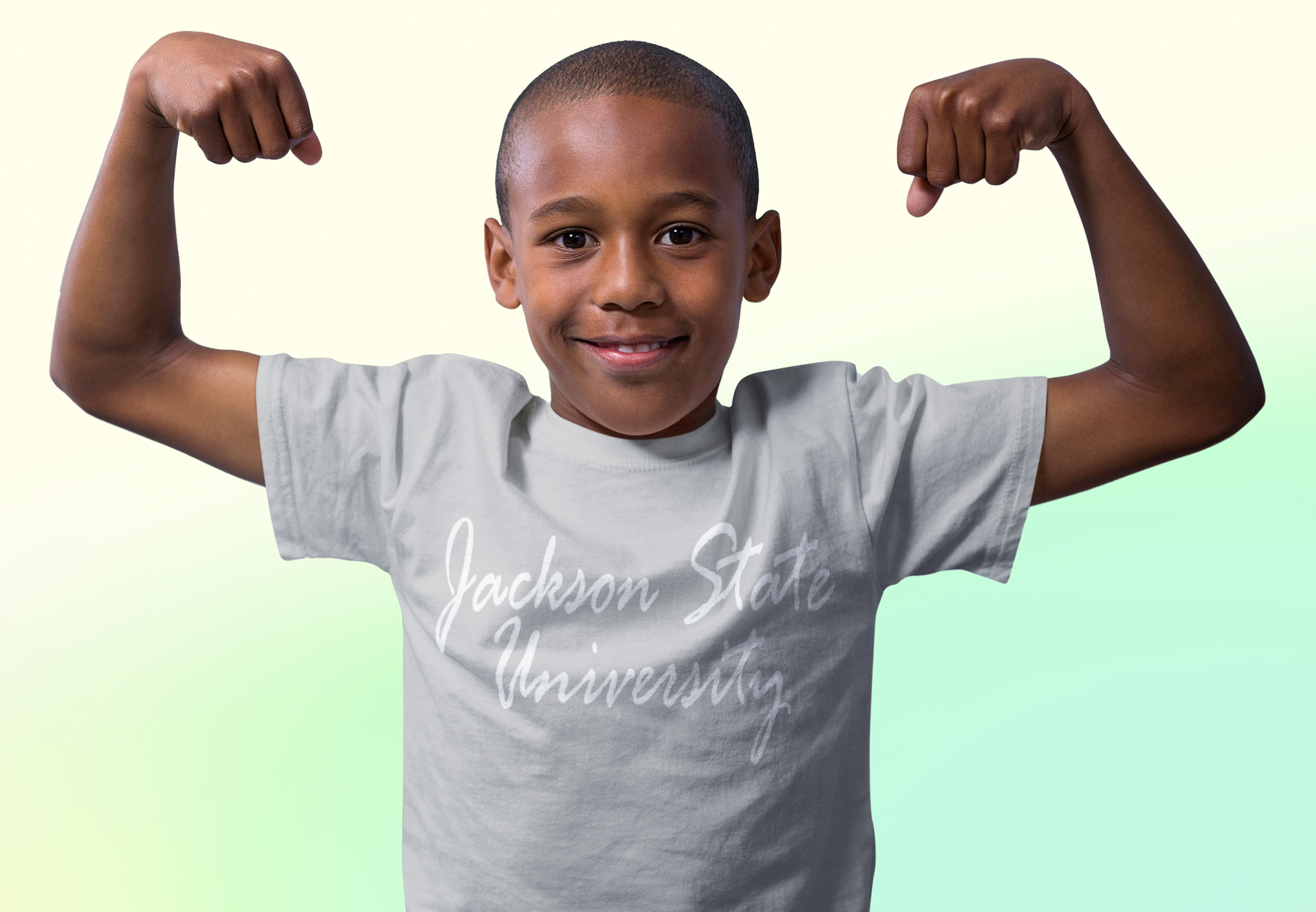 Light gray toddler short-sleeve T-shirt with white script university logo