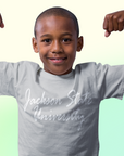 Light gray toddler short-sleeve T-shirt with white script university logo